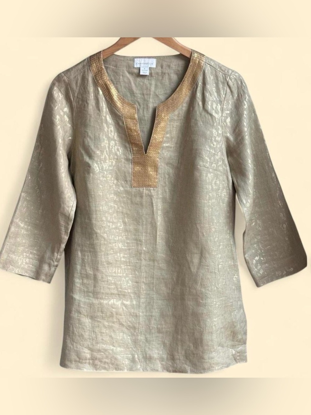 Charter Club Linen Animal Print Sequin Tunic Top 6 Gold Metallic V-Neck Blouse
